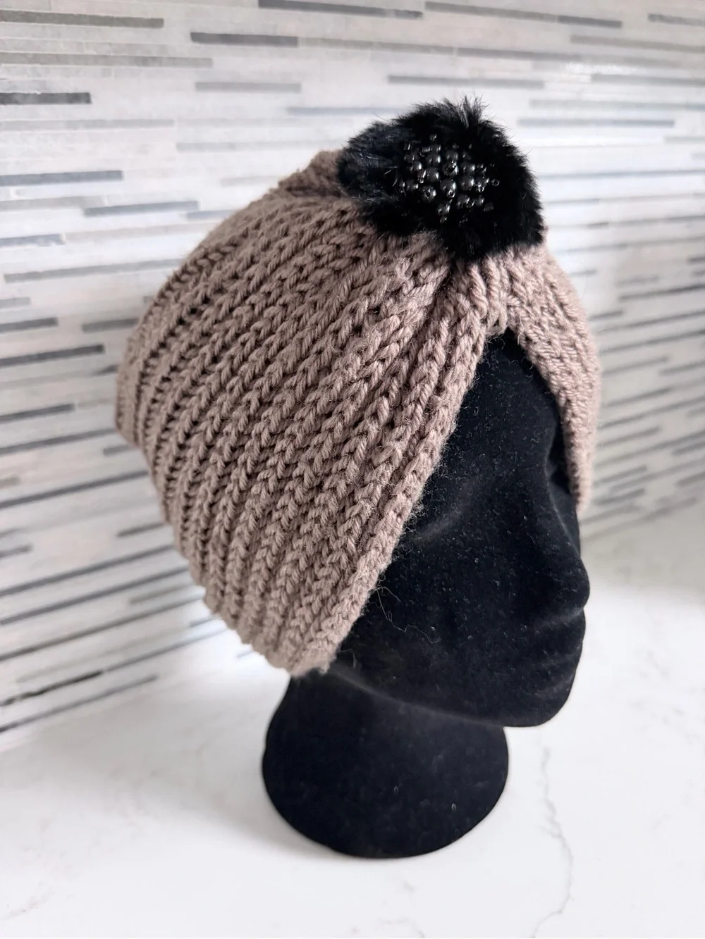 Knit Turban Headband with Black Fur Rosette - Taupe